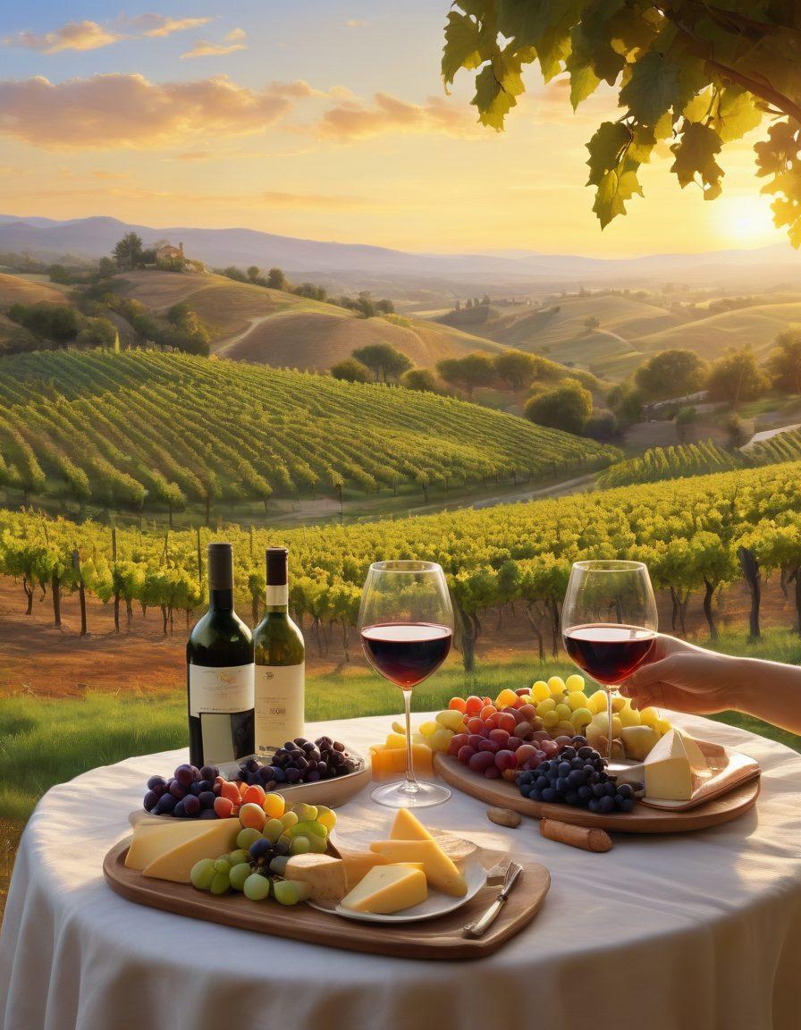 A serene vineyard landscape at sunset, with caregivers and wine enthusiasts savoring wine in elegant glasses. The scene includes lush grapevines, rolling hills, and a cozy picnic setup with a cheese platter. Soft golden light enhances the peaceful ambiance, evoking joy and relaxation. super-realistic. vibrant colors. painting.