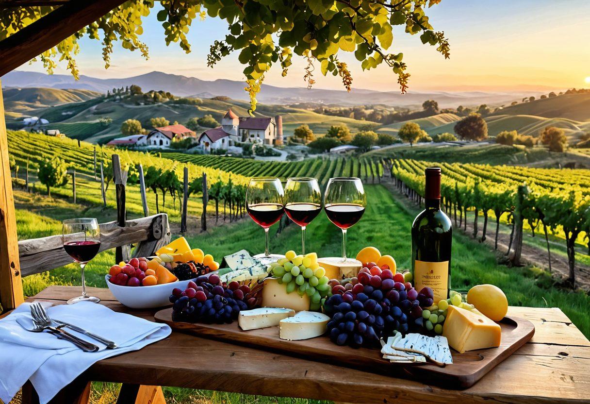 A serene scene featuring a cozy vineyard at sunset, where caregivers and wine enthusiasts are joyfully toasting with glasses of red wine. In the foreground, a rustic wooden table filled with an array of cheeses, fruits, and a vibrant bouquet of flowers, symbolizing wellness and relaxation. The background showcases rolling hills adorned with ripe grapevines, creating a tranquil atmosphere. Soft golden sunlight bathes the entire scene, enhancing the sense of warmth and support. super-realistic. vibrant colors. 3D.