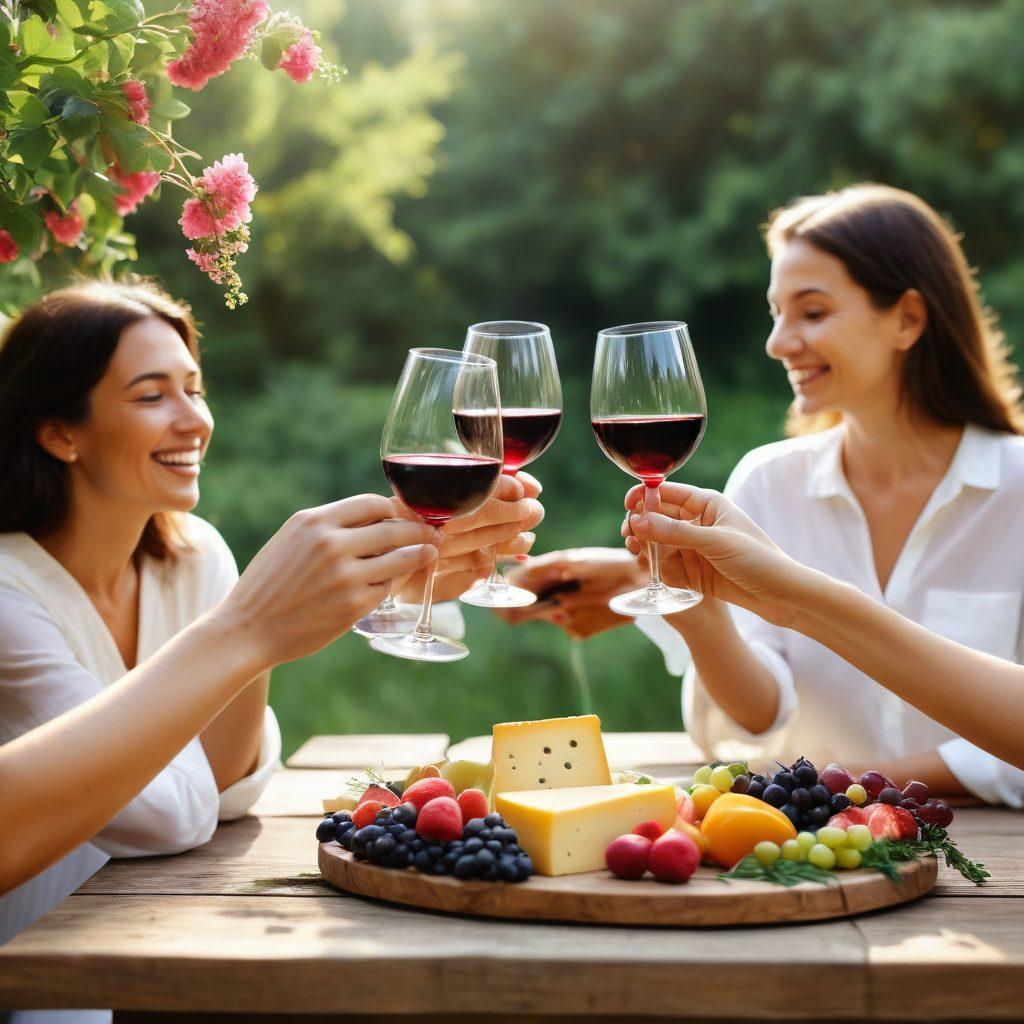 A serene setting with a diverse group of people joyfully sharing a wine tasting experience outdoors, surrounded by lush greenery and colorful flowers. Glasses are raised in a toast, capturing moments of laughter and connection. Soft sunlight bathes the scene, enhancing a warm, inviting atmosphere. Include elegant wine bottles and an array of cheese and fruits on a rustic wooden table. super-realistic. vibrant colors. peaceful ambiance.
